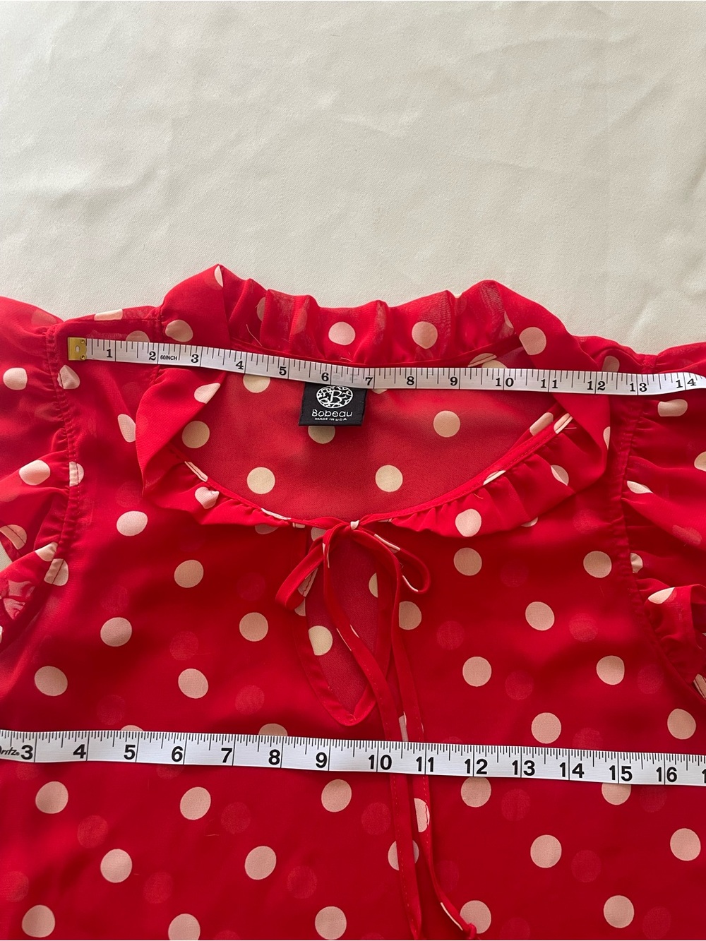 Bobeau Red Polka Dot Ruffle Blouse Medium Sheer Tie Neck Top USA - Picture 9 of 10